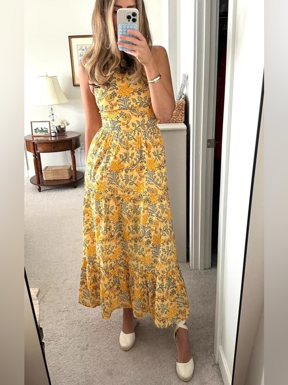 Mango Halter Neck Lace-Up Back Tiered Floral Maxi Dress in Yellow - Picture 5 of 13